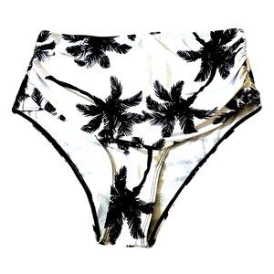 Womens XL Black & White High-Waisted Palm Tree Bikini Bottoms